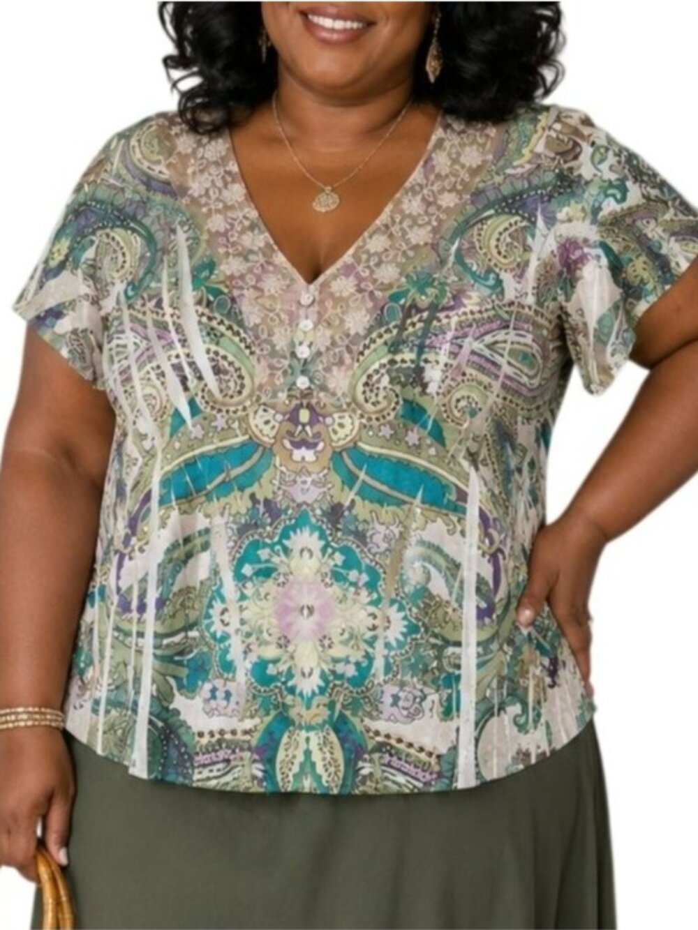 One World Plus Size 1X Top Button-Front Paisley Lace Accents Short Sleeves